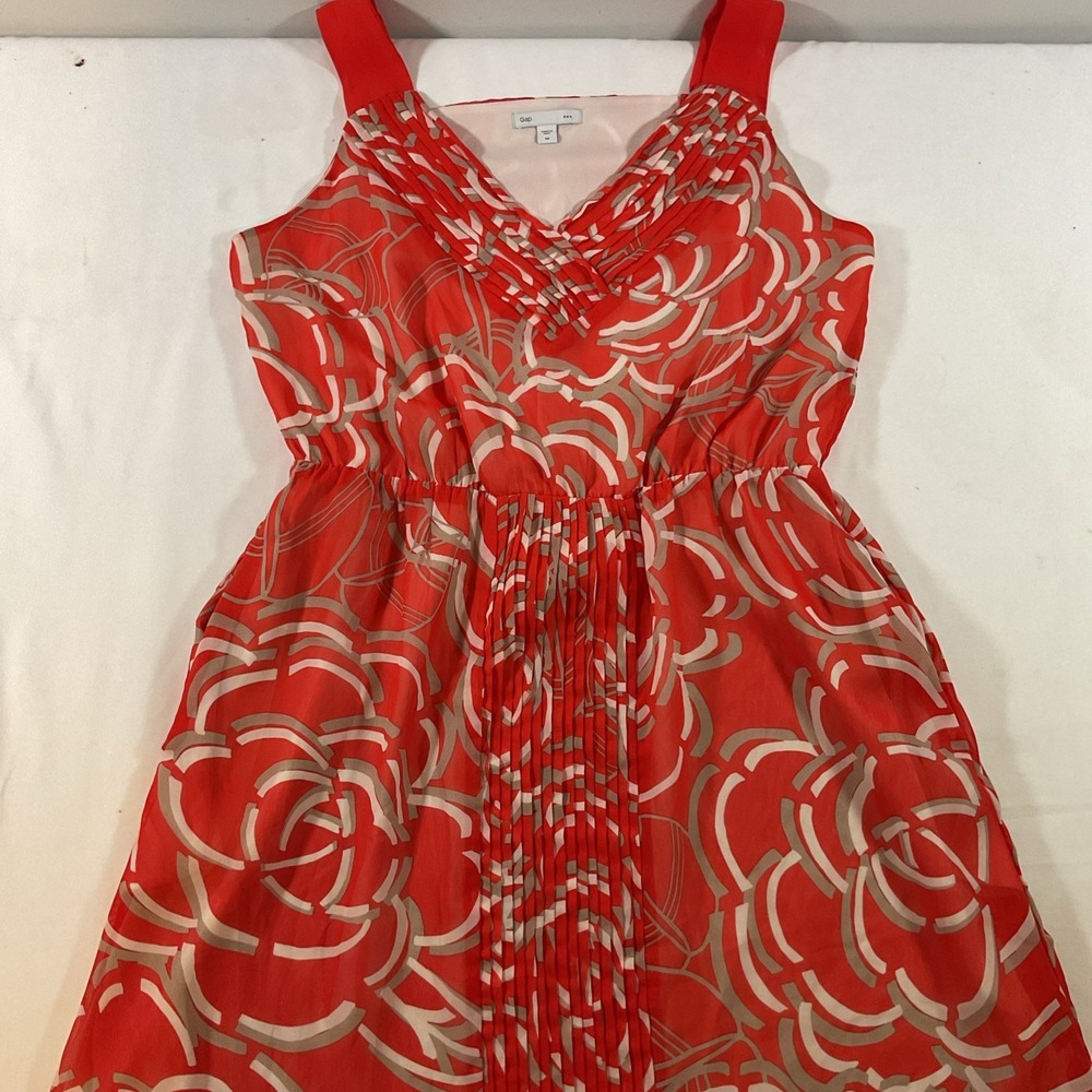 Gap Orange/White Sleeveless Fit & Flare Pleated Front Sheer Lined Dress Sz M I97